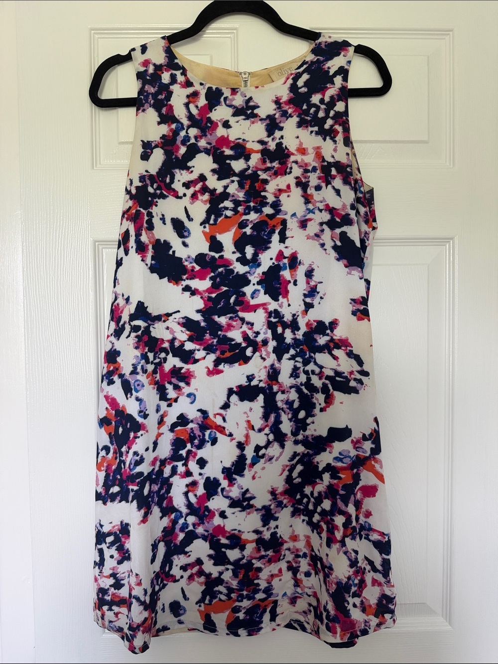Olive & Oak White Shift Dress with Navy, Pink & Orange Abstract Print